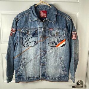 Vtg Y2K Ecko Unlimited Blue Denim Bomber Jacket Wm’s Size Large Embroidered